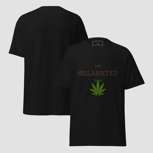 Black T-shirt with The Melanated Stoner text and leaf image front and back 